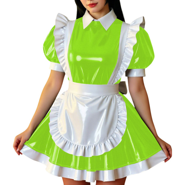 Retro Glossy French Maid Dress Outfit Vinyl PVC Leather Mini Dress with Ruffle Trim Apron Sissy Party Role Play Maid Uniforms