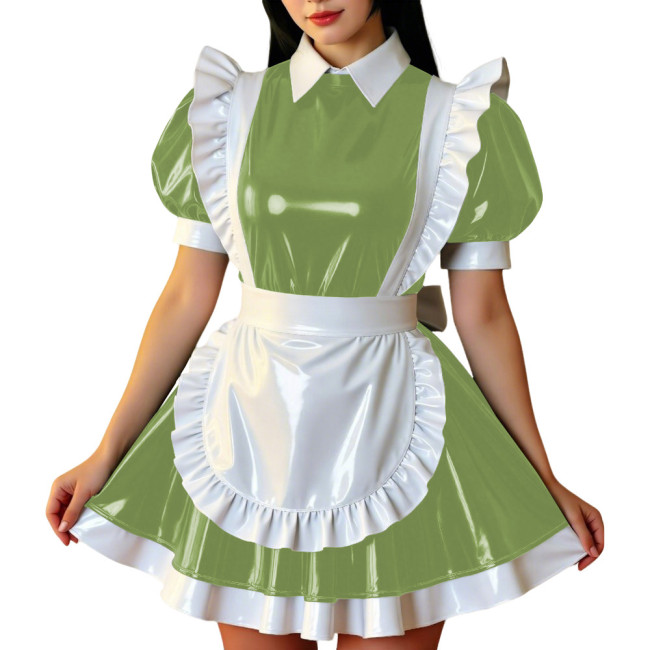 Retro Glossy French Maid Dress Outfit Vinyl PVC Leather Mini Dress with Ruffle Trim Apron Sissy Party Role Play Maid Uniforms