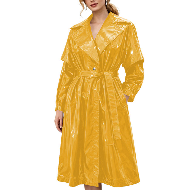 Women's Shiny Solid Color PVC Trench Coat Glossy Wet Look Belted Midi Coat Lapel Collar Outerwear Ladies Streetwear Club Outfits