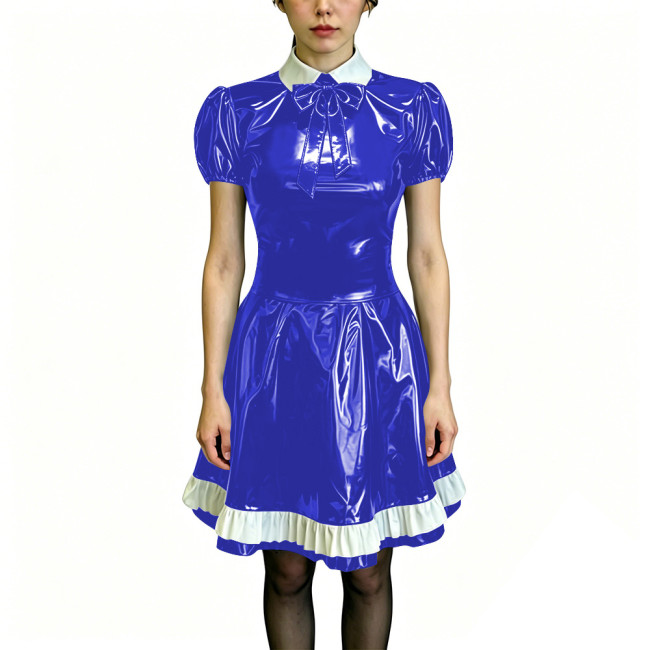 Preppy Style Shiny PVC Dress Wet Look Puff Sleeve Ruffle Hem A-Line Dress Womens Maid Fancy Outfits for Halloween Cosplay Party