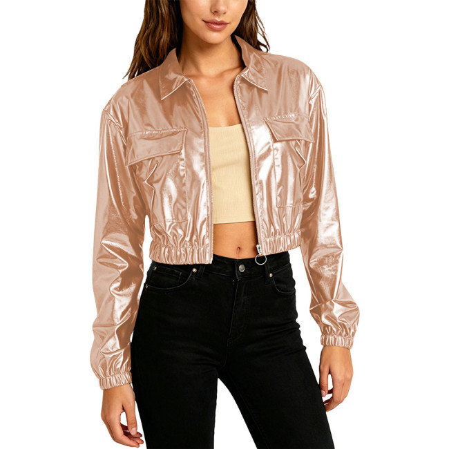 Plus Size Women Fashion Cropped Jacket Long Sleeve Metallic Shiny Pockets Coat Lapel Collar Outerwear Club Party Night Out Coats