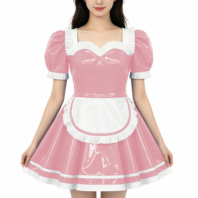French Maid PVC Shiny Dress Sweetheart Neckline Glossy Faux Leather A-line Dress with White Trim Adult Role Play Maid Dresses
