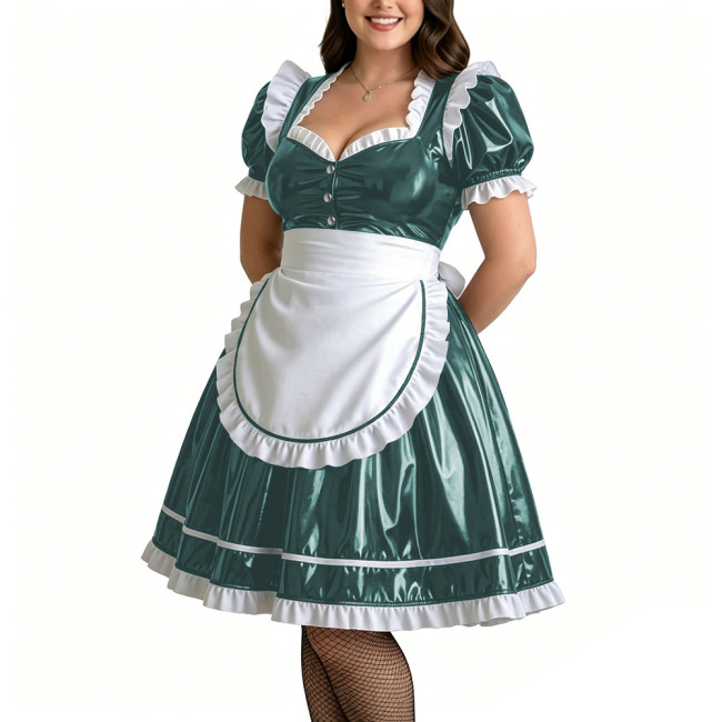 Plus Size Role Play PVC Maid Dress for Womens Shiny Wet Look Puff Sleeve Knee-length Maid Uniforms Halloween Cosplay Costume 7XL