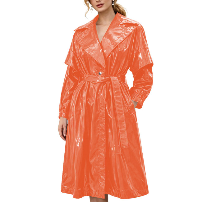 Women's Shiny Solid Color PVC Trench Coat Glossy Wet Look Belted Midi Coat Lapel Collar Outerwear Ladies Streetwear Club Outfits