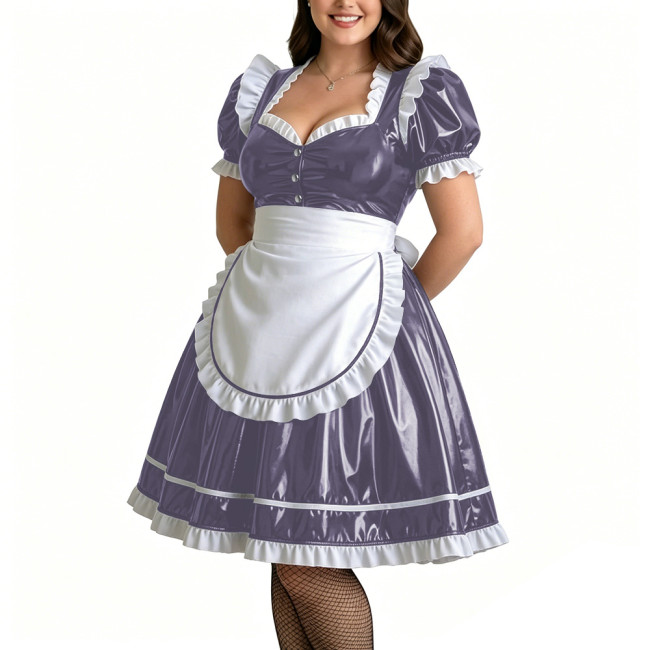 Plus Size Role Play PVC Maid Dress for Womens Shiny Wet Look Puff Sleeve Knee-length Maid Uniforms Halloween Cosplay Costume 7XL