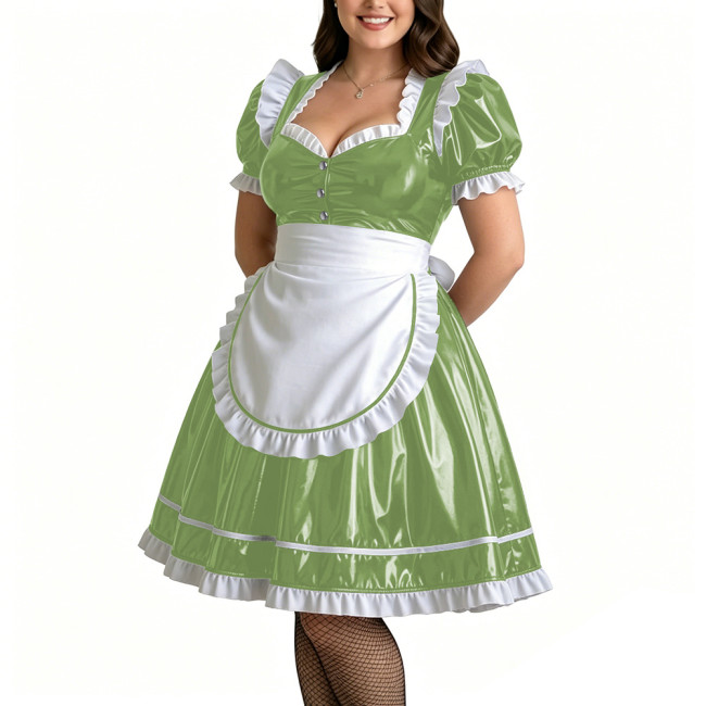 Plus Size Role Play PVC Maid Dress for Womens Shiny Wet Look Puff Sleeve Knee-length Maid Uniforms Halloween Cosplay Costume 7XL