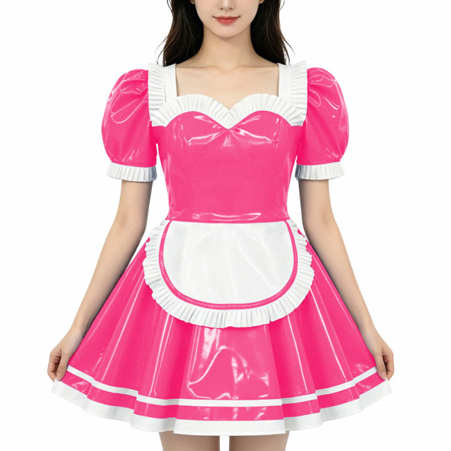 French Maid PVC Shiny Dress Sweetheart Neckline Glossy Faux Leather A-line Dress with White Trim Adult Role Play Maid Dresses