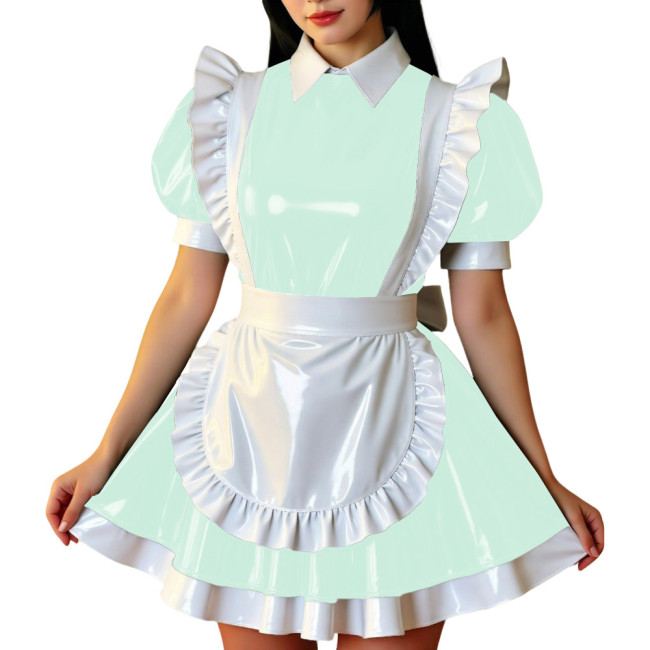 Retro Glossy French Maid Dress Outfit Vinyl PVC Leather Mini Dress with Ruffle Trim Apron Sissy Party Role Play Maid Uniforms