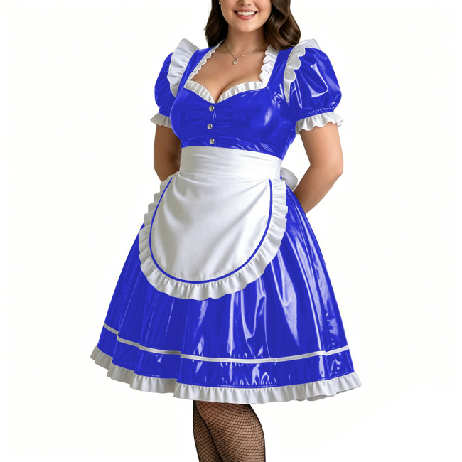 Plus Size Role Play PVC Maid Dress for Womens Shiny Wet Look Puff Sleeve Knee-length Maid Uniforms Halloween Cosplay Costume 7XL