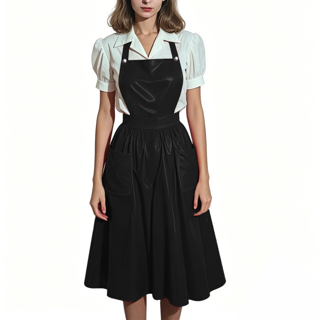 Plus Size Glossy Maid Apron Dress PVC Shiny Midi Suspender Skirt with Pockets Women Backless Criss Cross Strap Dresses Cosplay