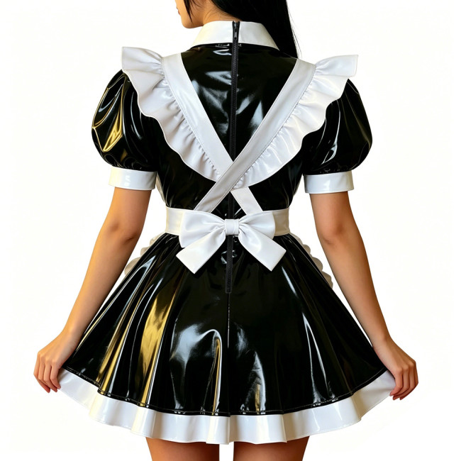Retro Glossy French Maid Dress Outfit Vinyl PVC Leather Mini Dress with Ruffle Trim Apron Sissy Party Role Play Maid Uniforms