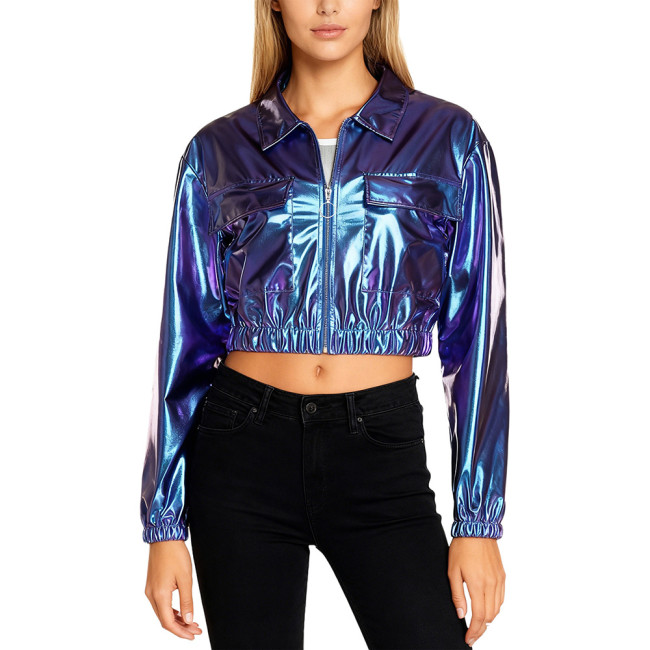 Plus Size Women Fashion Cropped Jacket Long Sleeve Metallic Shiny Pockets Coat Lapel Collar Outerwear Club Party Night Out Coats