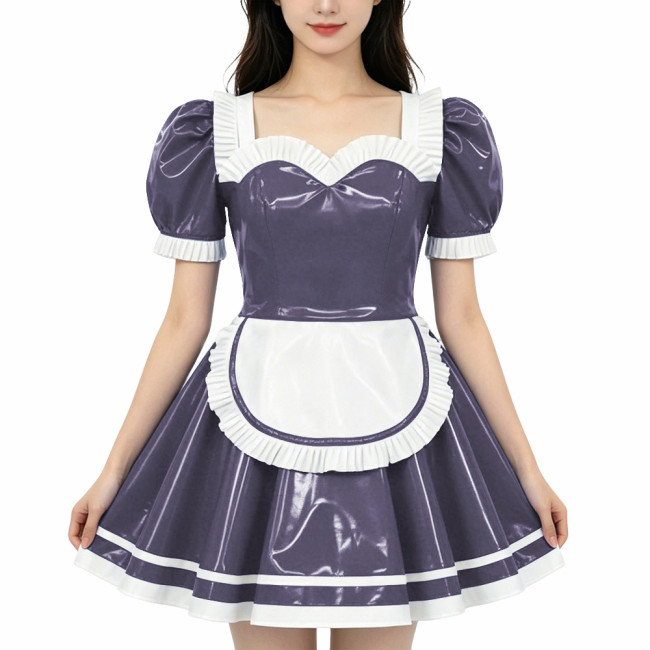 French Maid PVC Shiny Dress Sweetheart Neckline Glossy Faux Leather A-line Dress with White Trim Adult Role Play Maid Dresses