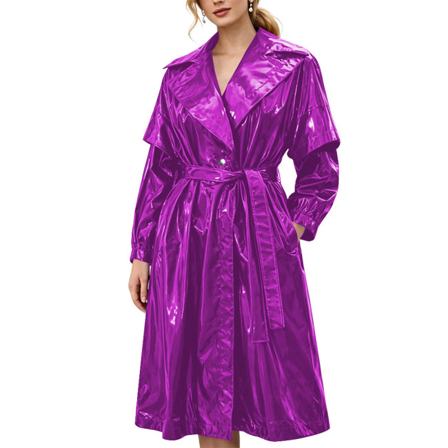Women's Shiny Solid Color PVC Trench Coat Glossy Wet Look Belted Midi Coat Lapel Collar Outerwear Ladies Streetwear Club Outfits