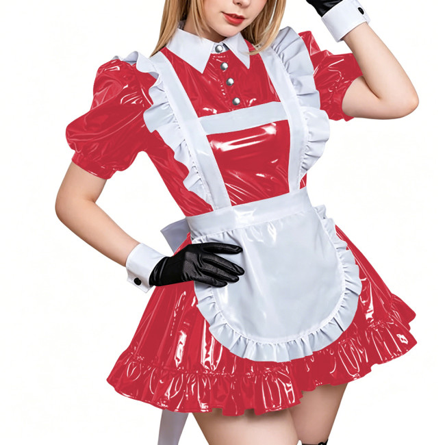 Glossy PVC Leather French Maid Outfit Short Sleeve Apron Pleated Mini Dress with Apron Crossdressering Role Play Maid Uniforms