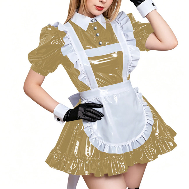 Glossy PVC Leather French Maid Outfit Short Sleeve Apron Pleated Mini Dress with Apron Crossdressering Role Play Maid Uniforms