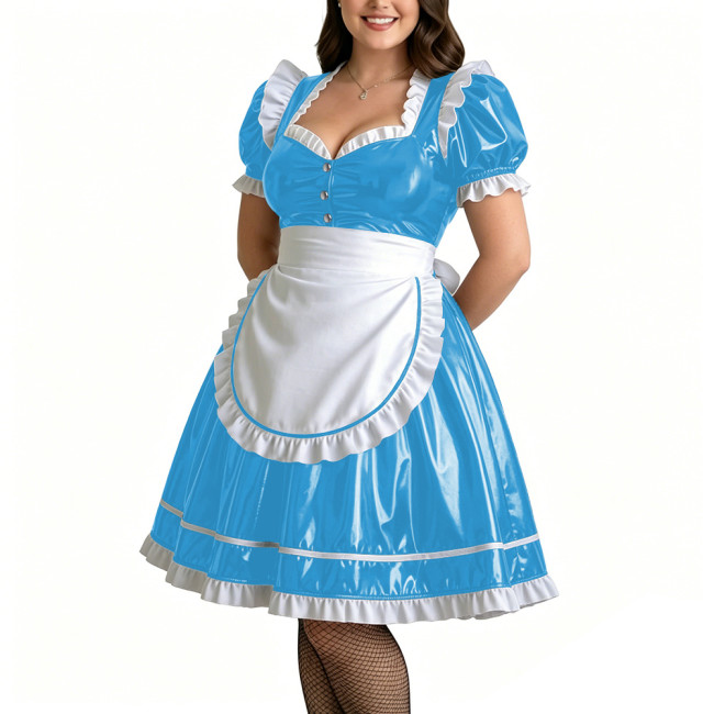 Plus Size Role Play PVC Maid Dress for Womens Shiny Wet Look Puff Sleeve Knee-length Maid Uniforms Halloween Cosplay Costume 7XL