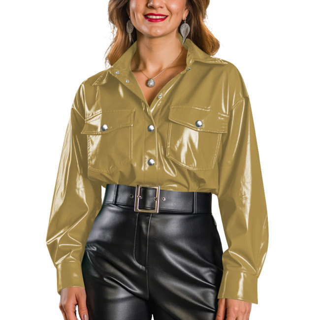 Plus Size Women's Shiny PVC Button Down Shirt Glossy Wet Look Long Sleeve Blouse with Pockets Female Streetwear Club Outfits