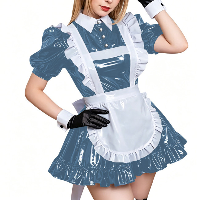 Glossy PVC Leather French Maid Outfit Short Sleeve Apron Pleated Mini Dress with Apron Crossdressering Role Play Maid Uniforms