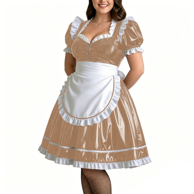 Plus Size Role Play PVC Maid Dress for Womens Shiny Wet Look Puff Sleeve Knee-length Maid Uniforms Halloween Cosplay Costume 7XL