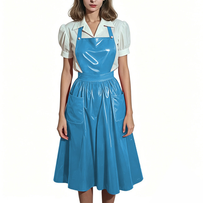 Plus Size Glossy Maid Apron Dress PVC Shiny Midi Suspender Skirt with Pockets Women Backless Criss Cross Strap Dresses Cosplay