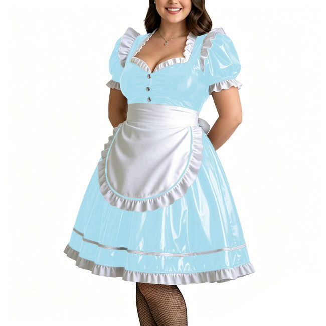 Plus Size Role Play PVC Maid Dress for Womens Shiny Wet Look Puff Sleeve Knee-length Maid Uniforms Halloween Cosplay Costume 7XL