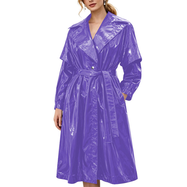 Women's Shiny Solid Color PVC Trench Coat Glossy Wet Look Belted Midi Coat Lapel Collar Outerwear Ladies Streetwear Club Outfits