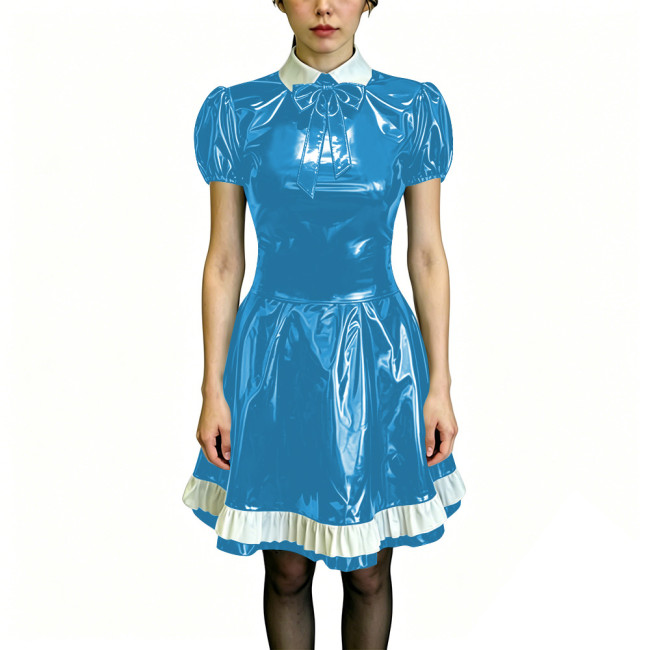 Preppy Style Shiny PVC Dress Wet Look Puff Sleeve Ruffle Hem A-Line Dress Womens Maid Fancy Outfits for Halloween Cosplay Party