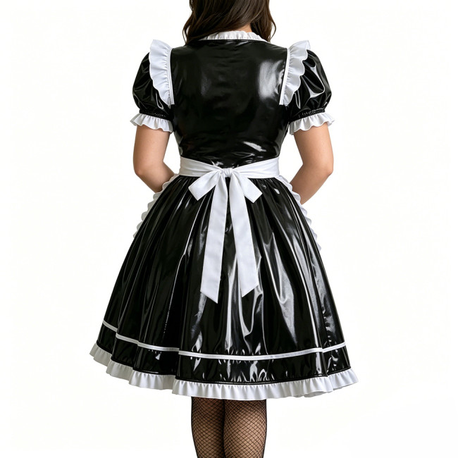 Plus Size Role Play PVC Maid Dress for Womens Shiny Wet Look Puff Sleeve Knee-length Maid Uniforms Halloween Cosplay Costume 7XL