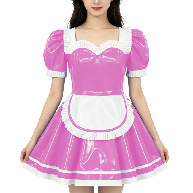 French Maid PVC Shiny Dress Sweetheart Neckline Glossy Faux Leather A-line Dress with White Trim Adult Role Play Maid Dresses