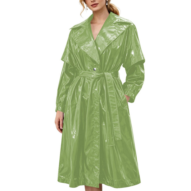 Women's Shiny Solid Color PVC Trench Coat Glossy Wet Look Belted Midi Coat Lapel Collar Outerwear Ladies Streetwear Club Outfits