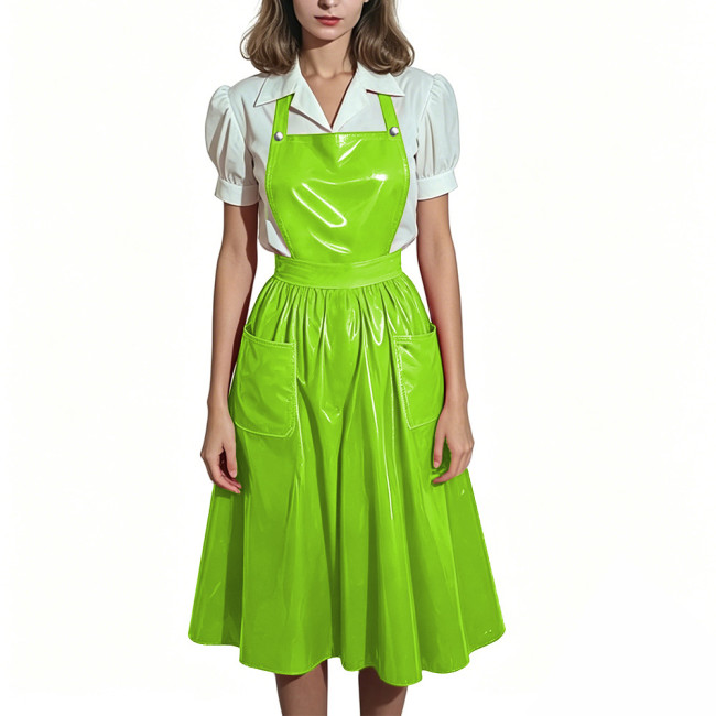 Plus Size Glossy Maid Apron Dress PVC Shiny Midi Suspender Skirt with Pockets Women Backless Criss Cross Strap Dresses Cosplay