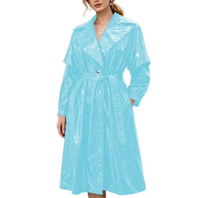 Women's Shiny Solid Color PVC Trench Coat Glossy Wet Look Belted Midi Coat Lapel Collar Outerwear Ladies Streetwear Club Outfits