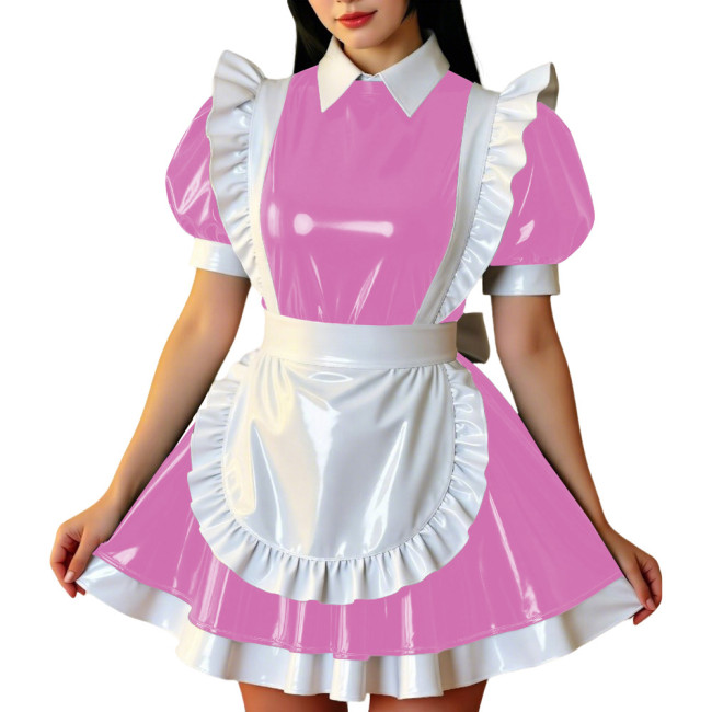 Retro Glossy French Maid Dress Outfit Vinyl PVC Leather Mini Dress with Ruffle Trim Apron Sissy Party Role Play Maid Uniforms