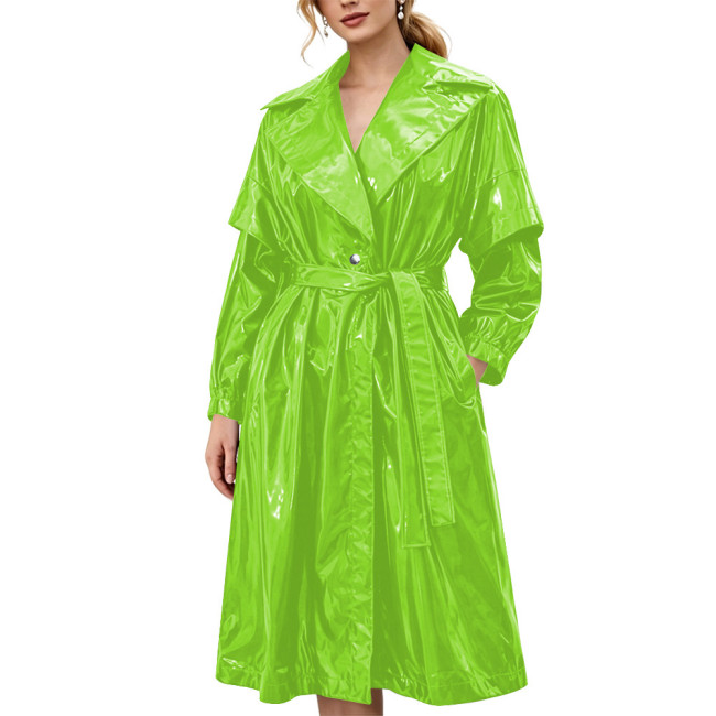 Women's Shiny Solid Color PVC Trench Coat Glossy Wet Look Belted Midi Coat Lapel Collar Outerwear Ladies Streetwear Club Outfits