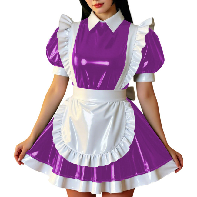 Retro Glossy French Maid Dress Outfit Vinyl PVC Leather Mini Dress with Ruffle Trim Apron Sissy Party Role Play Maid Uniforms