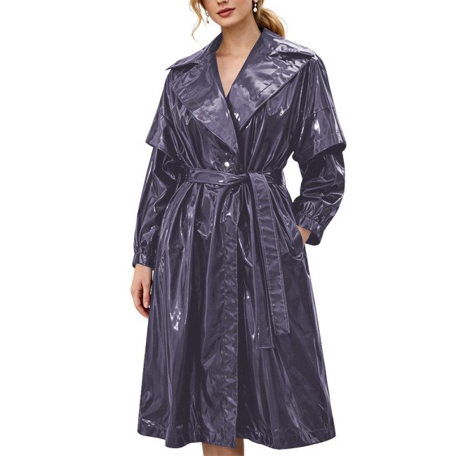 Women's Shiny Solid Color PVC Trench Coat Glossy Wet Look Belted Midi Coat Lapel Collar Outerwear Ladies Streetwear Club Outfits