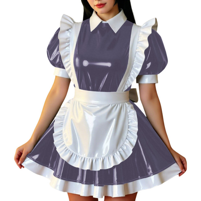 Retro Glossy French Maid Dress Outfit Vinyl PVC Leather Mini Dress with Ruffle Trim Apron Sissy Party Role Play Maid Uniforms