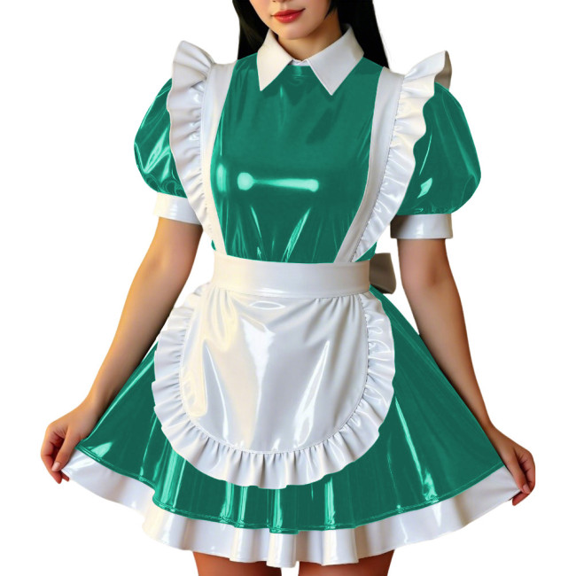 Retro Glossy French Maid Dress Outfit Vinyl PVC Leather Mini Dress with Ruffle Trim Apron Sissy Party Role Play Maid Uniforms