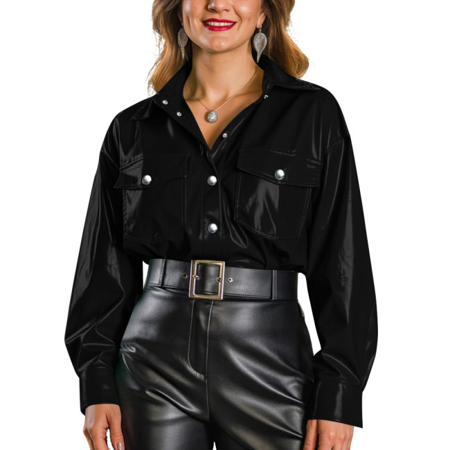 Plus Size Women's Shiny PVC Button Down Shirt Glossy Wet Look Long Sleeve Blouse with Pockets Female Streetwear Club Outfits