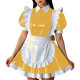 Retro Glossy French Maid Dress Outfit Vinyl PVC Leather Mini Dress with Ruffle Trim Apron Sissy Party Role Play Maid Uniforms
