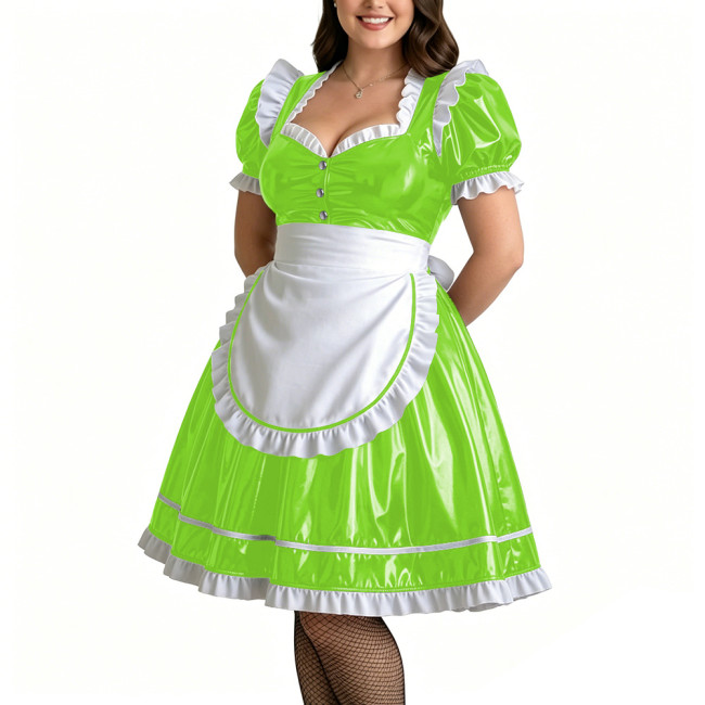 Plus Size Role Play PVC Maid Dress for Womens Shiny Wet Look Puff Sleeve Knee-length Maid Uniforms Halloween Cosplay Costume 7XL