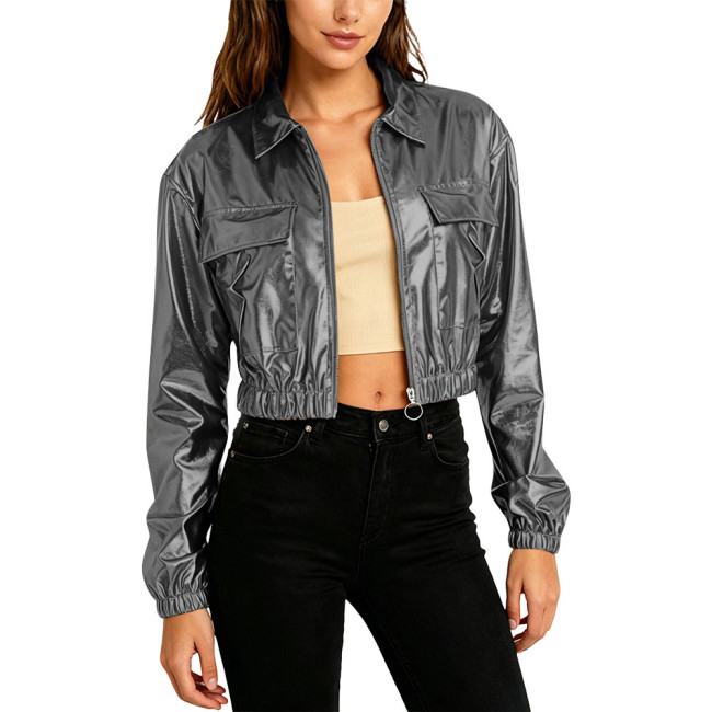Plus Size Women Fashion Cropped Jacket Long Sleeve Metallic Shiny Pockets Coat Lapel Collar Outerwear Club Party Night Out Coats