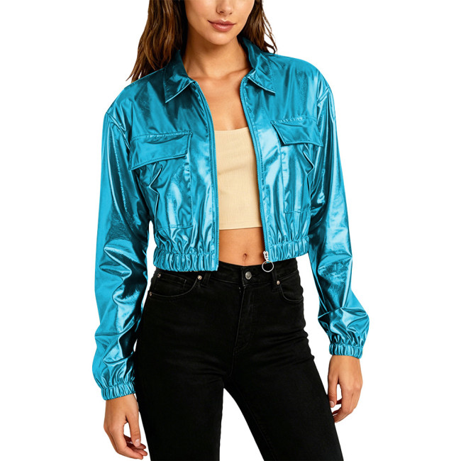 Plus Size Women Fashion Cropped Jacket Long Sleeve Metallic Shiny Pockets Coat Lapel Collar Outerwear Club Party Night Out Coats