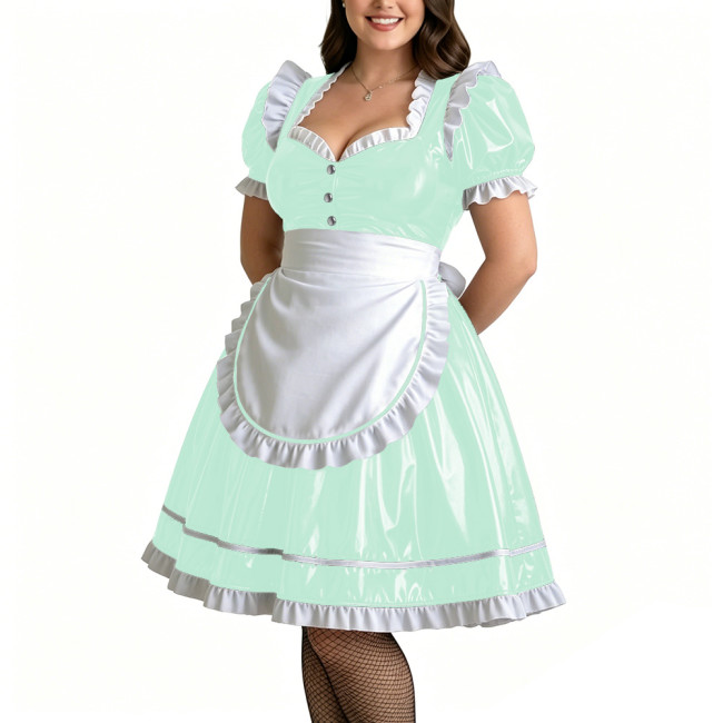 Plus Size Role Play PVC Maid Dress for Womens Shiny Wet Look Puff Sleeve Knee-length Maid Uniforms Halloween Cosplay Costume 7XL