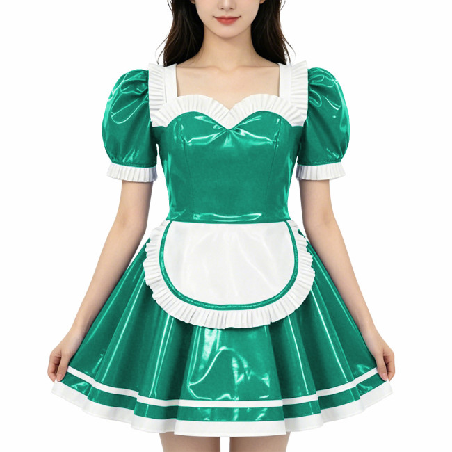 French Maid PVC Shiny Dress Sweetheart Neckline Glossy Faux Leather A-line Dress with White Trim Adult Role Play Maid Dresses