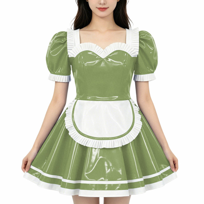 French Maid PVC Shiny Dress Sweetheart Neckline Glossy Faux Leather A-line Dress with White Trim Adult Role Play Maid Dresses