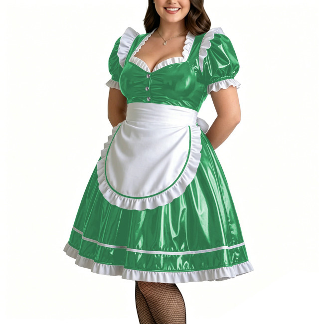 Plus Size Role Play PVC Maid Dress for Womens Shiny Wet Look Puff Sleeve Knee-length Maid Uniforms Halloween Cosplay Costume 7XL