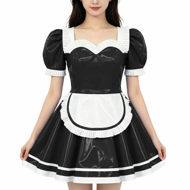 French Maid PVC Shiny Dress Sweetheart Neckline Glossy Faux Leather A-line Dress with White Trim Adult Role Play Maid Dresses