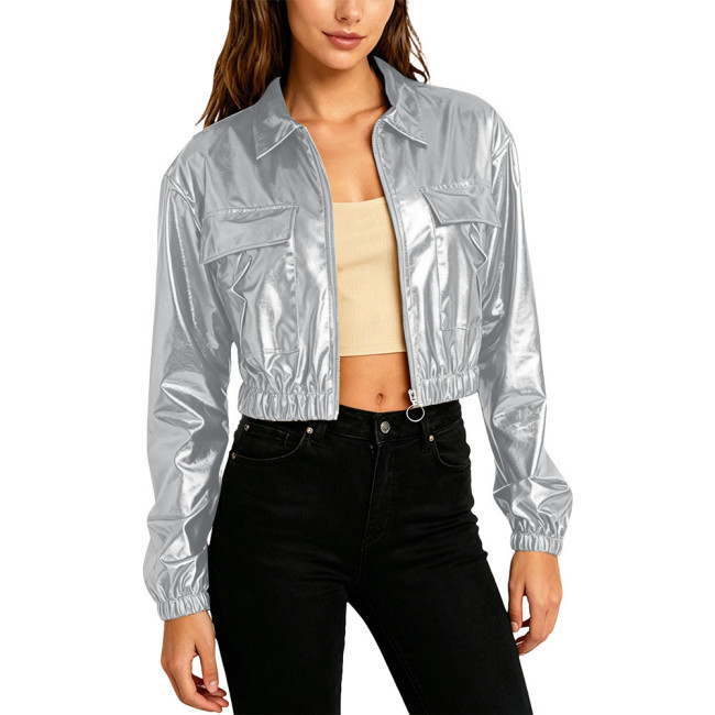 Plus Size Women Fashion Cropped Jacket Long Sleeve Metallic Shiny Pockets Coat Lapel Collar Outerwear Club Party Night Out Coats